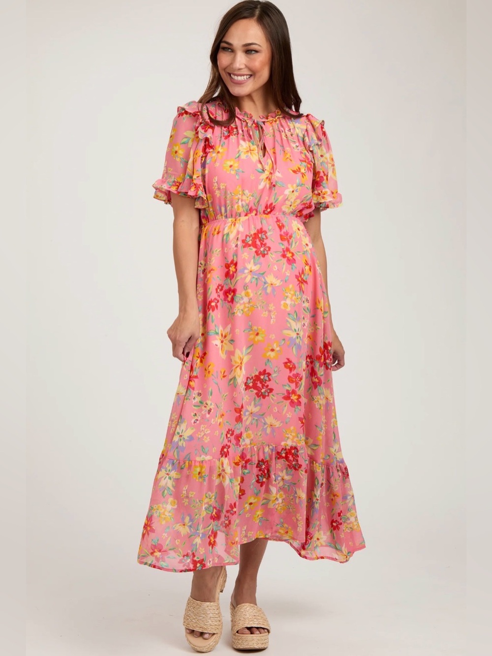 PinkBlush Pink Floral Ruffle Midi Dress